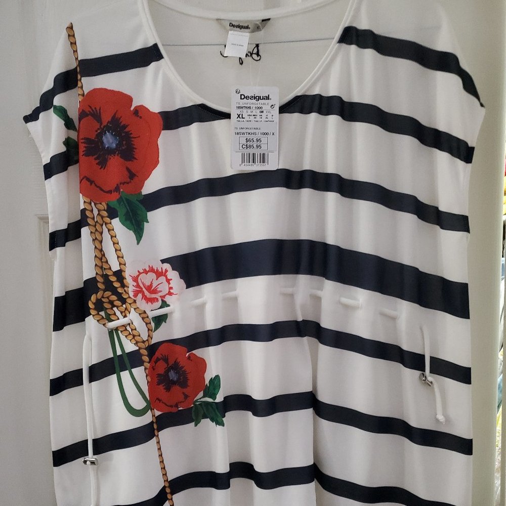 Desigual Floral and Stripe Front Blouse XL NWT